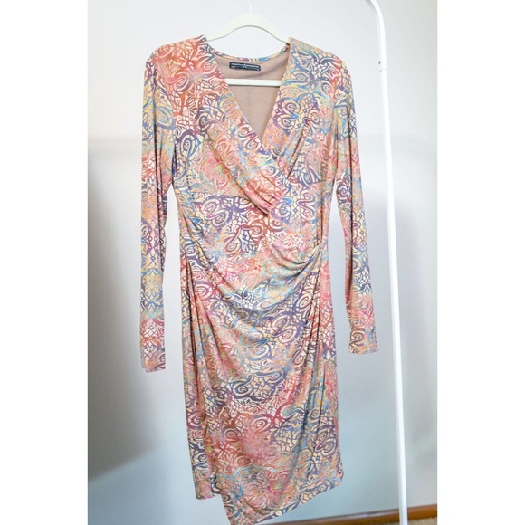 Peruvian Connection Dress Women Long Sleeve Faux Wrap Printed Stretch SZ M - Picture 1 of 7